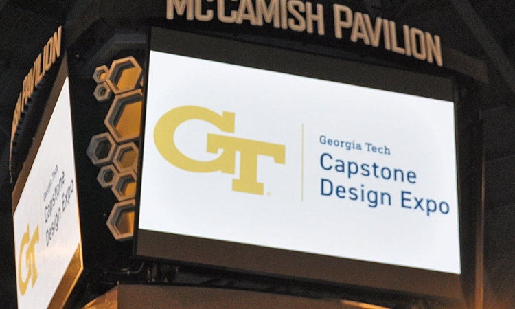 The Capstone Design Expo logo displayed on the McCamish Pavilion scoreboard digital screen