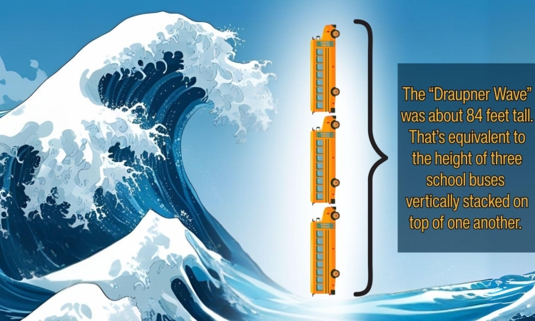 A graphic showing a wave measuring the height of 3 school buses 