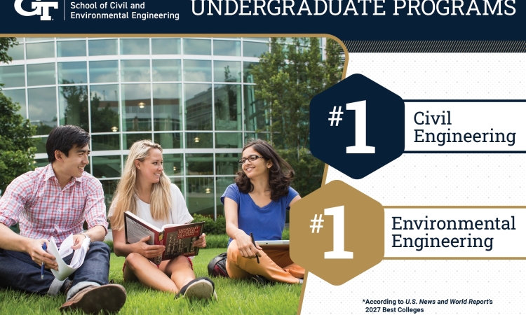 A graphic featuring a photo of students sitting in grass and #1 Civil Engineering and #1 Environmental Engineerng