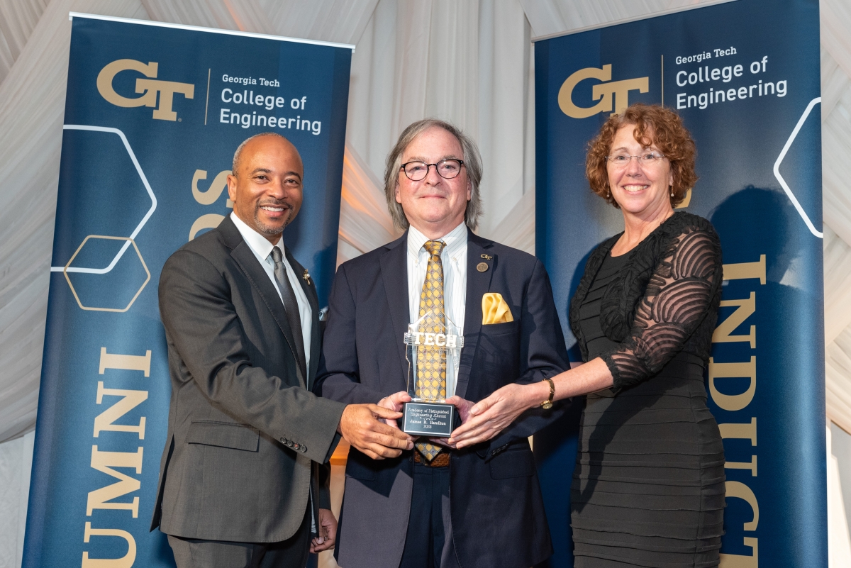 James Hamilton accepting an award at the CoE alumni awards