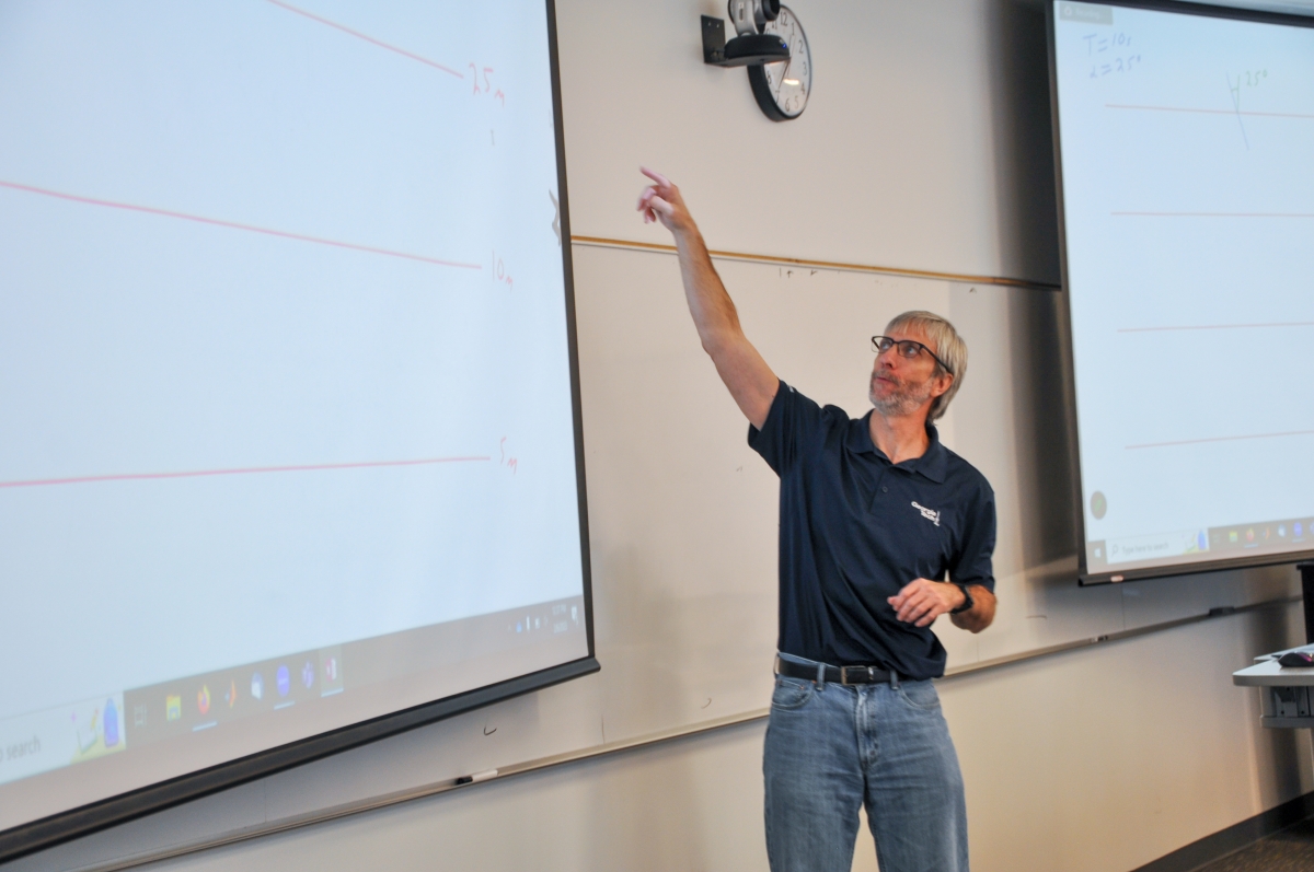 Kevin Haas teaching in front of a projector screen