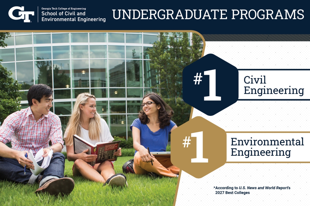 Students sitting in the grass with the words #1 Civil Engineering and #1 Environmental Engineering