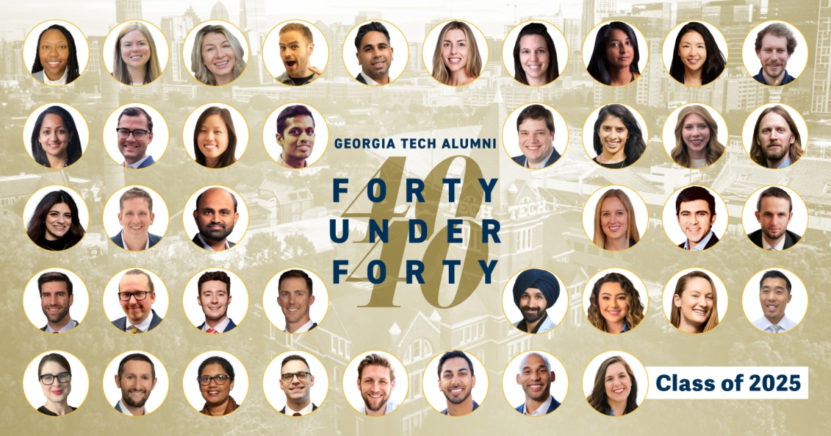 A graphic with 40 headshots and the words Forty Under Forty 
