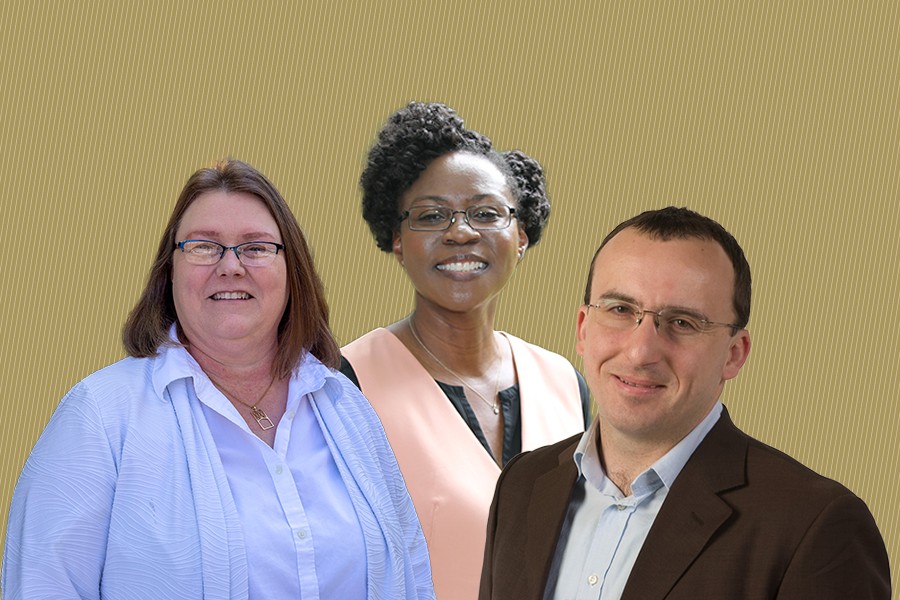 A composite photo on a gold background. From left: Professor Susan Burns, Professor Adjo Amekudzi-Kennedy and Professor Kostas Konstantinidis