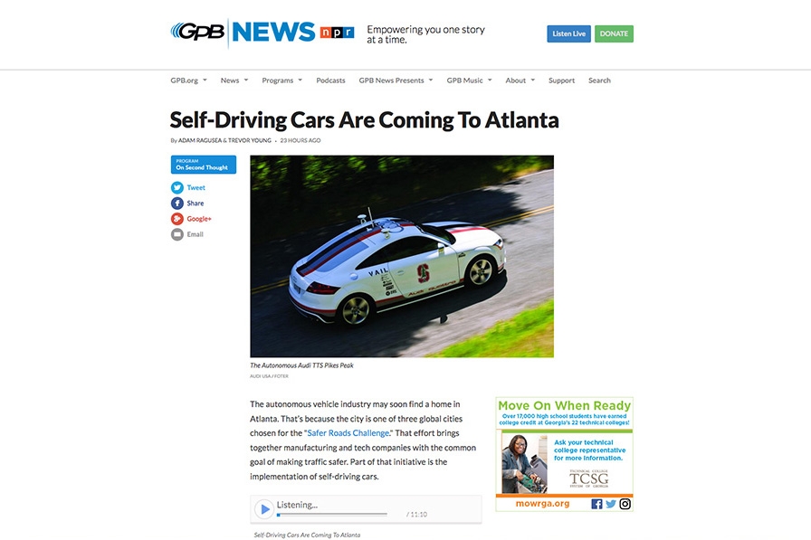 Screenshot of GPB web page featuring the March 16 segment on self-driving cars that included Michael Hunter.