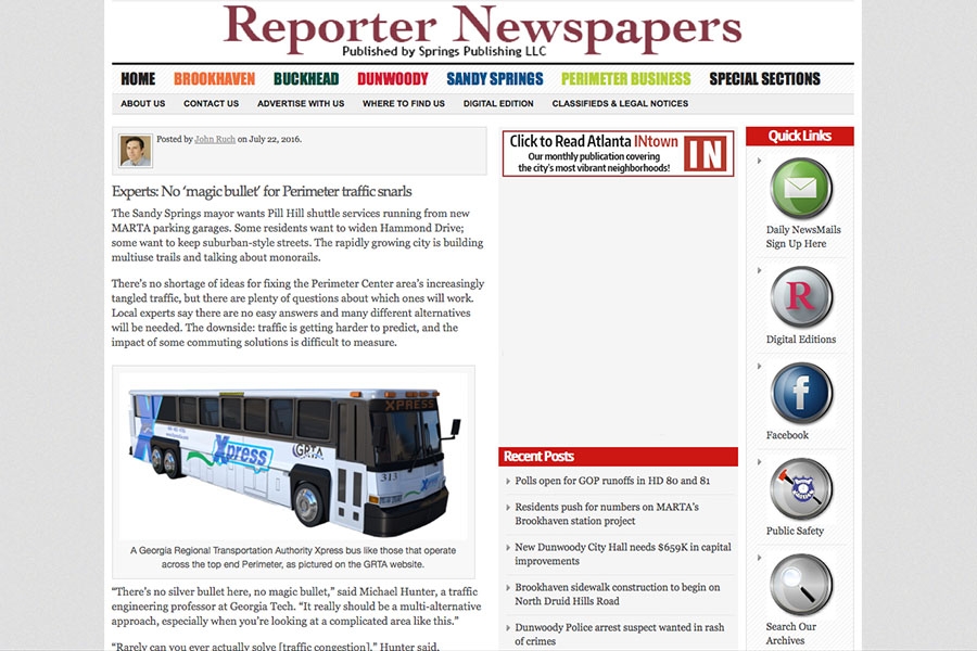 Screen shot of Perimeter Center traffic solutions story featuring Michael Hunter.