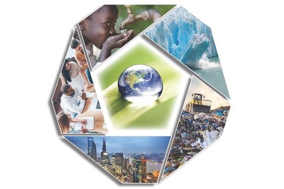 Cover design for the new National Academy of Engineering report, "Environmental Engineering for the 21st Century: Address Grand Challenges." It features the Earth in the center with photos around the circumference of a child drinking water from a spigot, a piece of glacier breaking off, a bulldozer atop piles of trash, a city skyline, and professional-looking people gathered around a laptop.